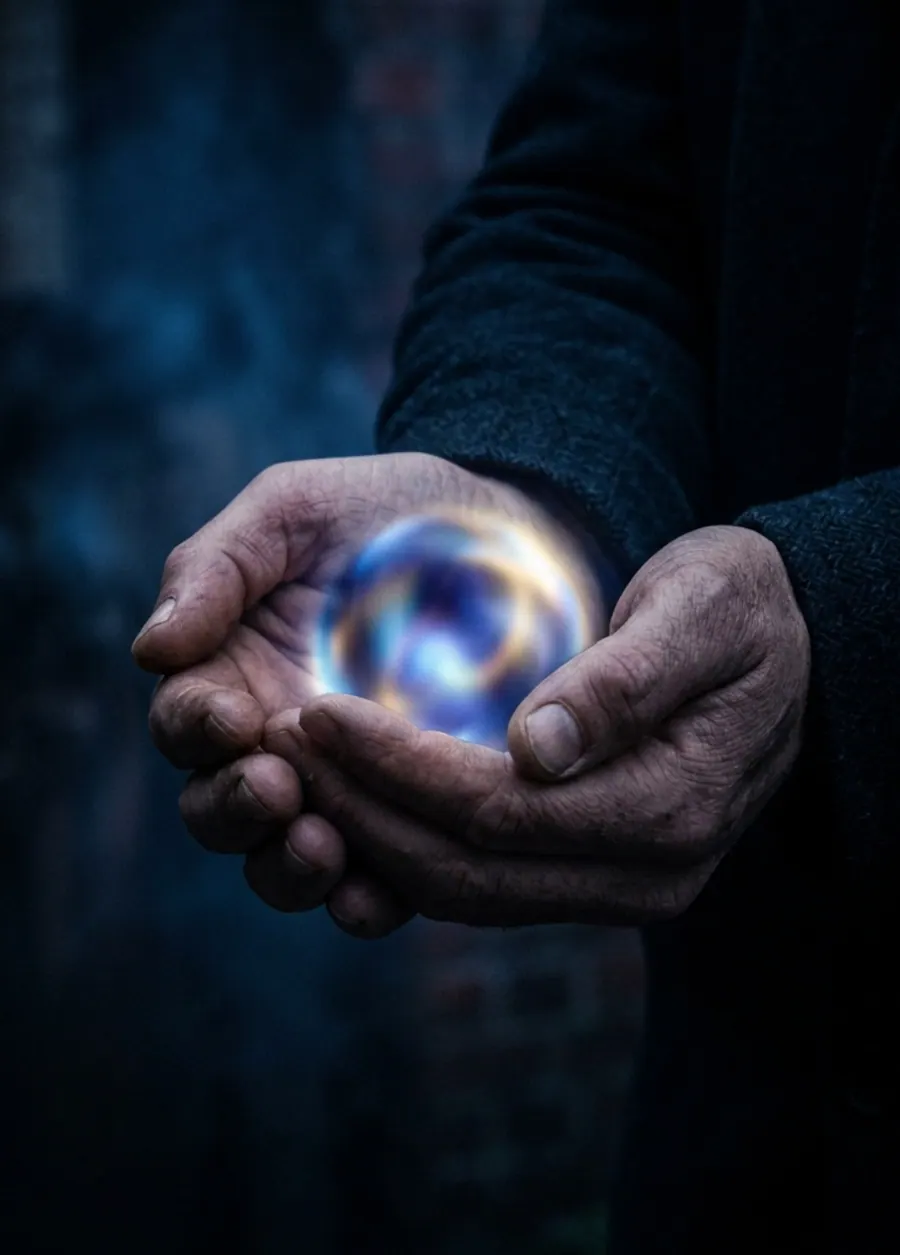 Cupped hands holding a small glowing sphere of light
